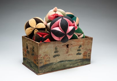 HAND PAINTED BOX CONTAINING SEWING BALLS.