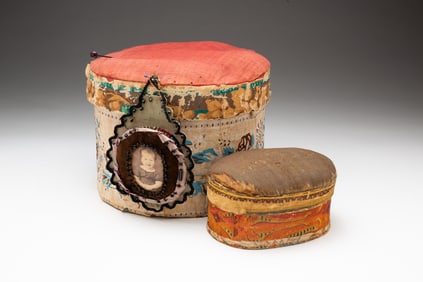 TWO DECORATED SEWING BOXES.