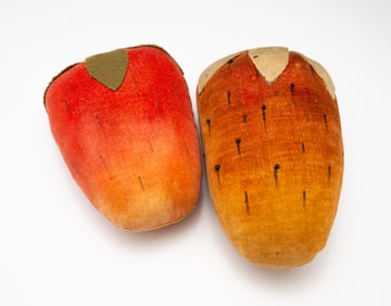 TWO VELVET STRAWBERRY PINCUSHIONS.