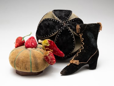 ONE SILK AND FIVE VELVET PINCUSHIONS.