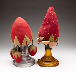 TWO FOLK ART STRAWBERRY MAKE-DO PINCUSHIONS.