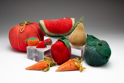 GROUP OF FRUIT AND VEGETABLE PINCUSHIONS.