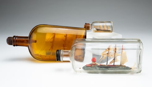 THREE FOLK ART SHIPS IN BOTTLES.