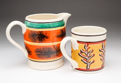TWO MOCHAWARE DECORATED ITEMS.