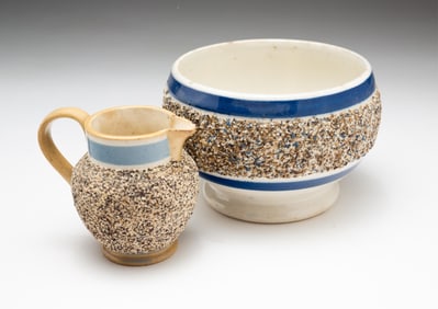 TWO MOCHAWARE SAND DECORATED ITEMS.