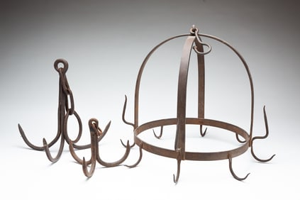 THREE FORGED IRON MEAT HOOKS.