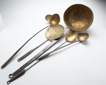 FIVE HEARTHSIDE COOKING UTENSILS.