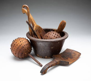KITCHEN GROUP.: American, 19th Century. A stoneware bowl with canted sides and rolled lip. 4" h. 8"d. Shovel shaped tiger maple paddle. 9.5"h. Pine scoop. 10.5"h. Three prong wooden fork. 10"h. Foot chopper die stamp