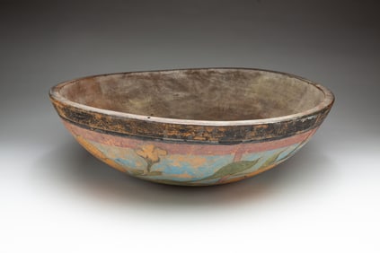 PAINT DECORATED TURNED WOOD BOWL.