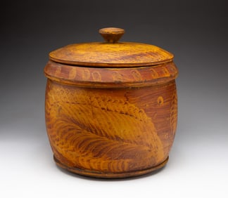 LARGE PAINT DECORATED TREENWARE COVERED CANISTER (JAR).