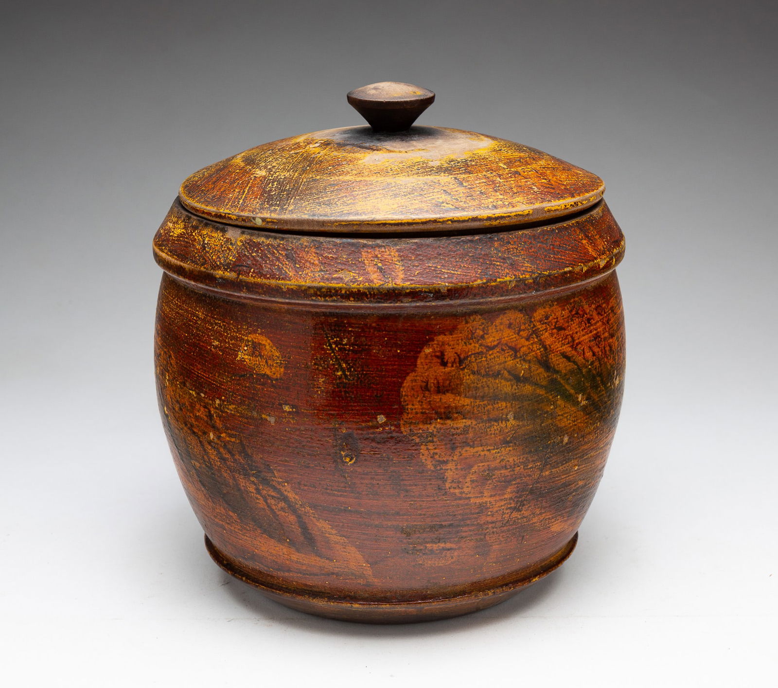 PAINT DECORATED TREENWARE COVERED CANISTER (JAR). (1 of 4)