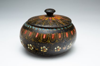PAINT DECORATED TREENWARE LIDDED JAR.