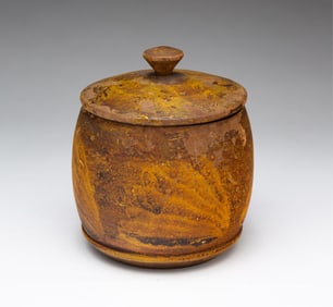 DIMINUTIVE PAINT DECORATED TREENWARE COVERED CANISTER (JAR).
