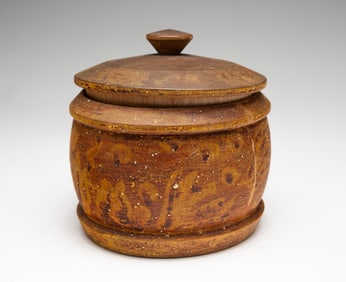 DIMINUTIVE PAINT DECORATED TREENWARE COVERED CANISTER (JAR).