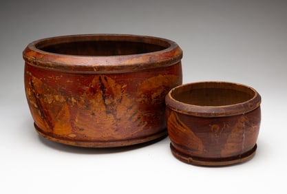 TWO PAINT DECORATED TREENWARE BOWLS.