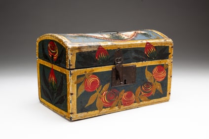 PAINT DECORATED DOME TOP DOCUMENT BOX.