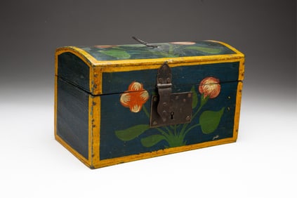 PAINT DECORATED DOME TOP DOCUMENT BOX.