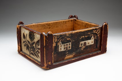 DIMINUTIVE PAINT DECORATED CRATE.