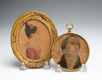 TWO MINIATURE WATERCOLOR PORTRAITS.