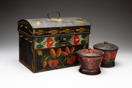 TWO TOLE LIDDED SUGAR BOWLS.