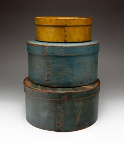 THREE PAINTED BENTWOOD PANTRY BOXES.