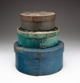 THREE PAINTED BENTWOOD PANTRY BOXES.