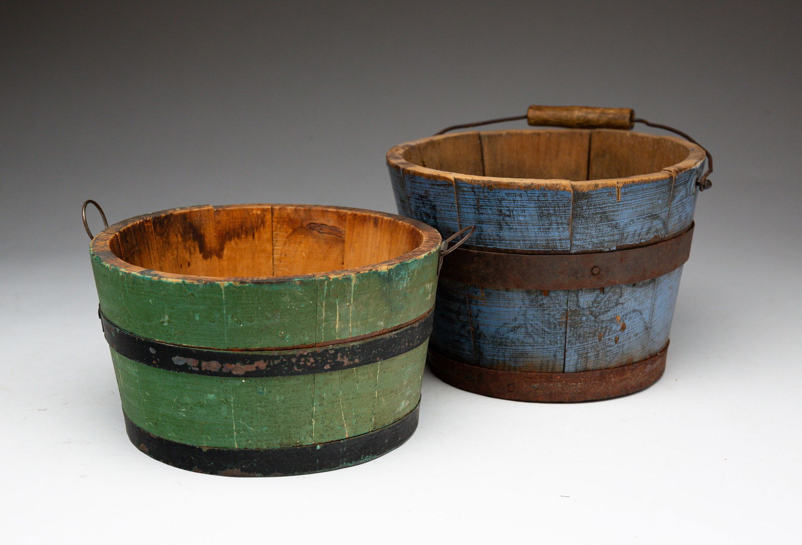 TWO PAINTED MINIATURE WOODEN PAILS. (1 of 4)
