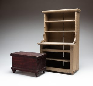A MINIATURE CUPBOARD AND A MINIATURE BLANKET CHEST.