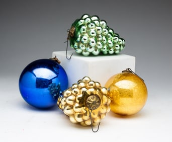 FOUR KUGEL MERCURY GLASS ORNAMENTS.