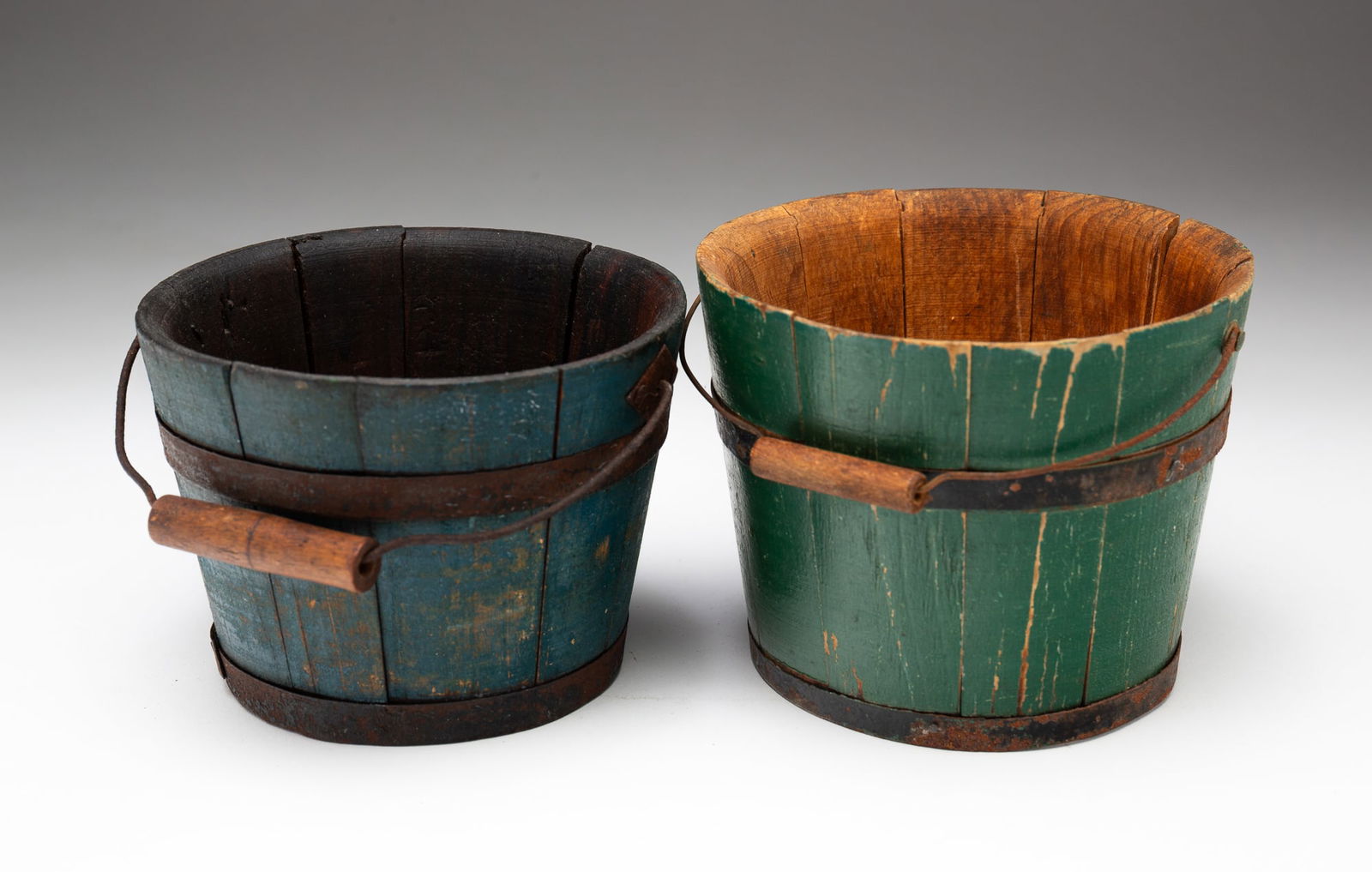 TWO MINIATURE PAINTED PAILS. (1 of 4)