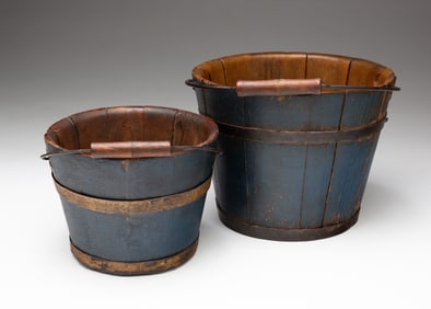 TWO MINIATURE BLUE PAINTED PAILS.