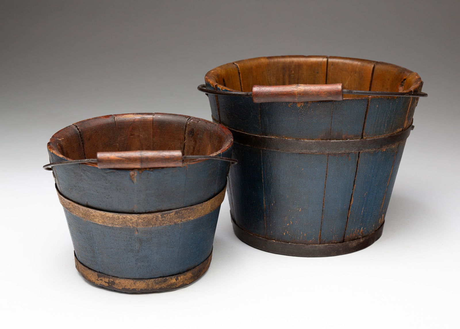TWO MINIATURE BLUE PAINTED PAILS. (1 of 4)