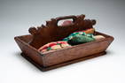 WOOD TOTE WITH SEWING NOTIONS.