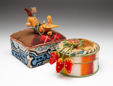 TWO WALLPAPER SEWING BOXES.
