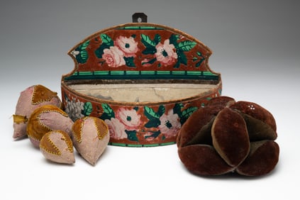 WALL POCKET AND FIVE PINCUSHIONS.