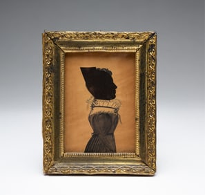 WATERCOLOR AND HOLLOW CUT SILHOUETTE PORTRAIT OF A WOMAN.