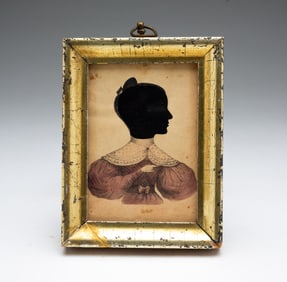 MINIATURE HAND COLORED, HOLLOW CUT, AND COLLAGED SILHOUETTE PORTRAIT OF A LADY.