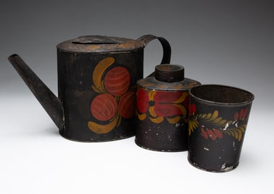 TOLE TEA POT, TEA CADDY, AND CUP.