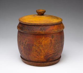 DIMINUTIVE PAINT DECORATED TREENWARE COVERED CANISTER (JAR).
