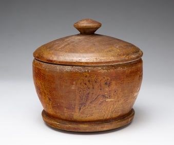 DIMINUTIVE PAINT DECORATED TREENWARE COVERED CANISTER (JAR).