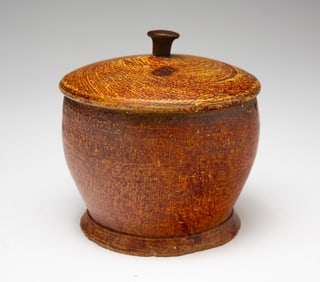 DIMINUTIVE PAINT DECORATED TREENWARE COVERED CANISTER (JAR).