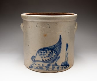 BRADY AND BYAN STONEWARE JAR WITH COBALT DECORATION.