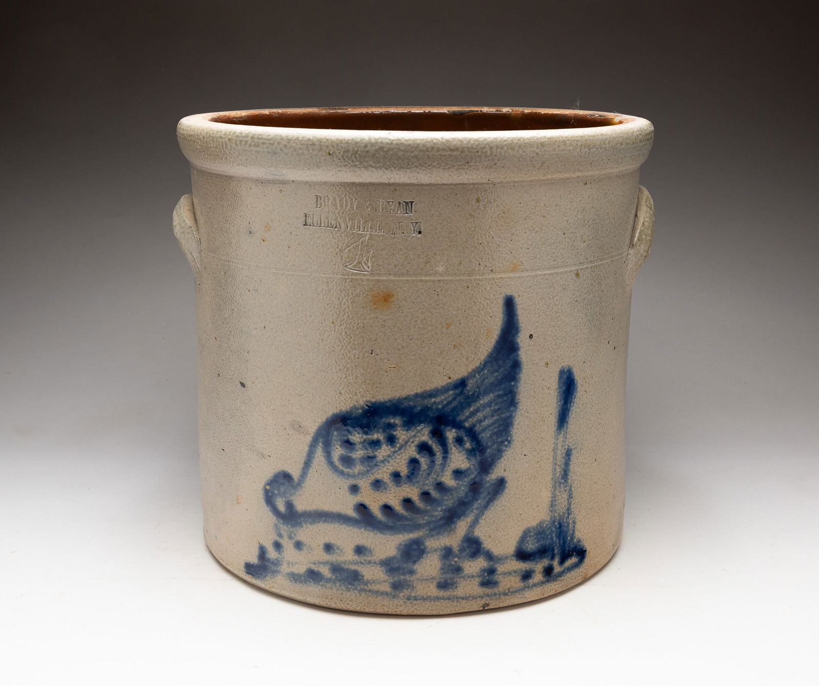 BRADY AND BYAN STONEWARE JAR WITH COBALT DECORATION.: American (New York), 19th Century. Applied handles, impressed "BRADY & BYAN, ELLENVILLE, N.Y. 4 (Gallons)" with freehand cobalt pecking guinea hen. 11.25''h. 12"d.