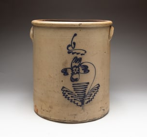 STONEWARE JAR WITH COBALT DECORATION.