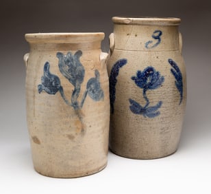 STONEWARE CHURN WITH COBALT DECORATION.