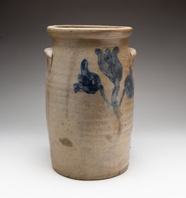 STONEWARE CHURN WITH COBALT DECORATION.
