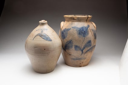 DECORATED STONEWARE JUG AND JAR.