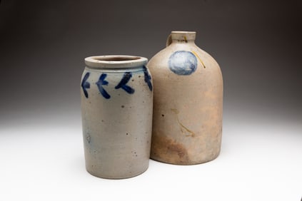 COBALT DECORATED STONEWARE JAR AND JUG.