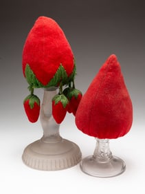 TWO FOLK ART STRAWBERRY MAKE-DO PINCUSHIONS.