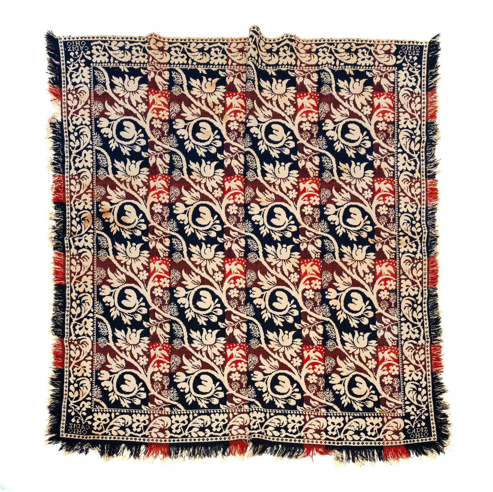CADIZ, OHIO DOUBLE WEAVE TWO-COLOR JACQUARD COVERLET. (1 of 4)